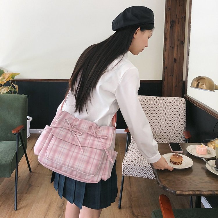 Ballet-style sweet bow bag, women's large-capacity commuter bag, casual checkered crossbody bag, single-shoulder tote bag Specification drawing
