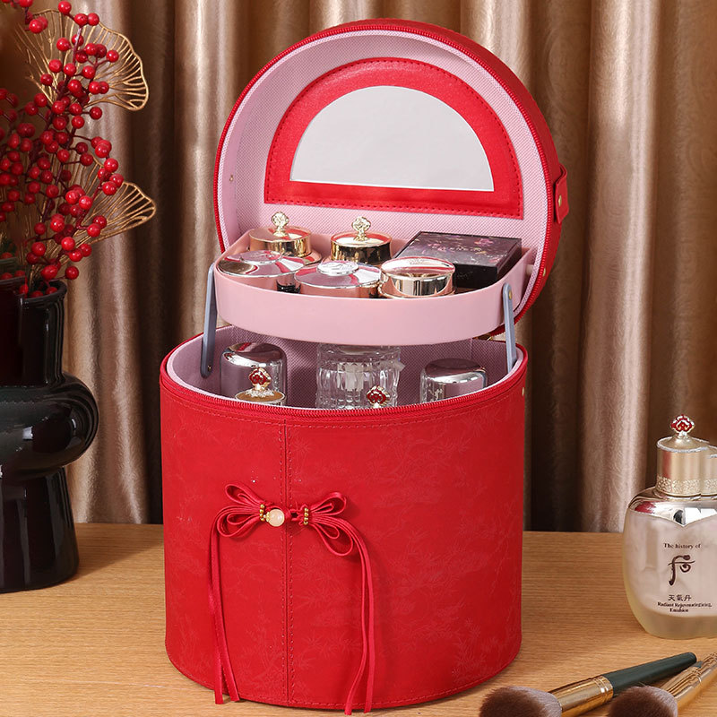 High-end Chinese-style oval bucket makeup bag with mirror, wedding souvenir suitcase, portable and festive storage box full figure
