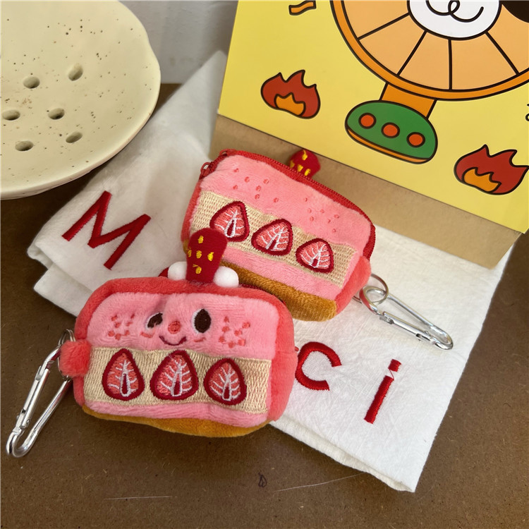 Ins-style girlish pink strawberry cake coin purse, plush headphones, storage bag, keychain pendant Item Picture