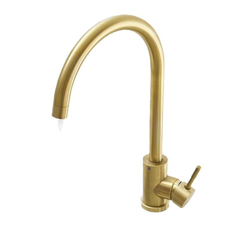 The kitchen hot and cold water faucet is rose gold with a large golden bend. It is a stainless steel household sink and a rotatable sink faucet Item Picture