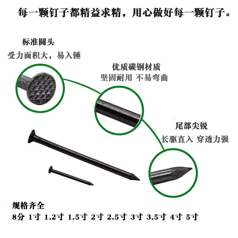 Loose iron nails, round steel nails, long woodworking nails, small foreign nails, round heads, 8 inches, 1.2 inches, 7 inches, 8 inches, 9 inches, 10 inches, 1 inch Application Scenario