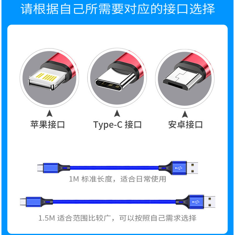 Factory wholesale of 2-meter and 3-meter nylon braided data cables suitable for Apple Type-C and Android phones Specification drawing