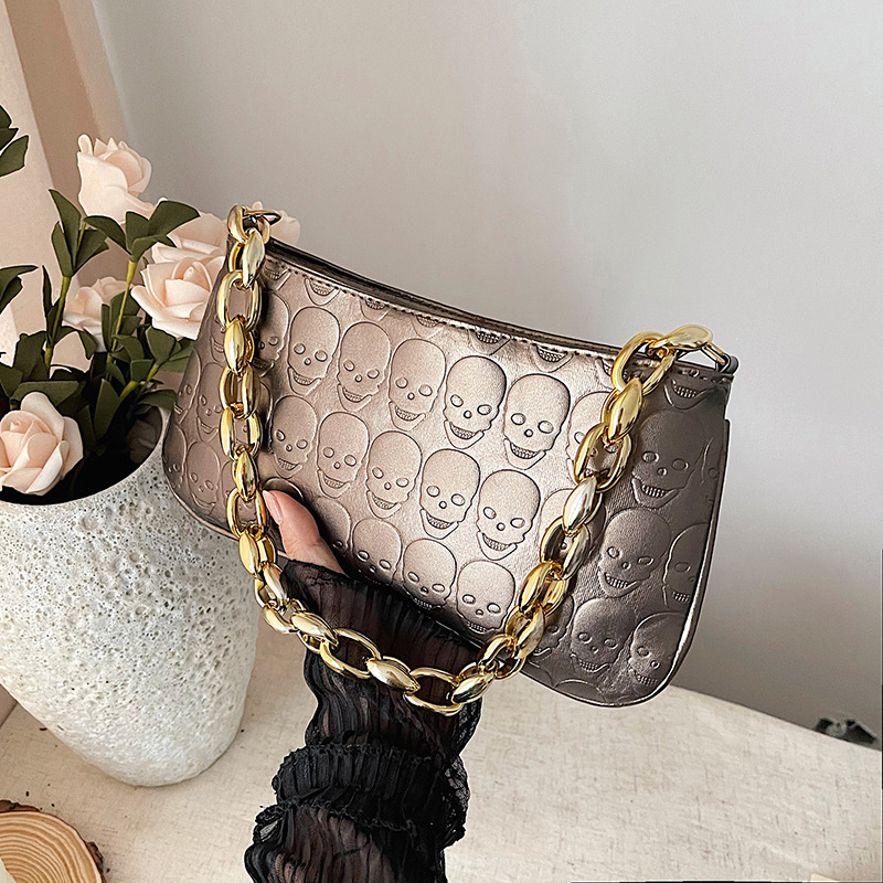2024 New style personalized skull underarm bag, women's bag, embossed chain bag, Korean-style trendy single-shoulder crossbody bag full figure
