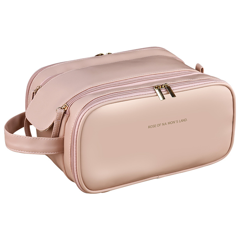 Double-zipper portable makeup bag with a high-end feel and high appearance level. New PU three-layer travel cosmetic storage bag Item Picture