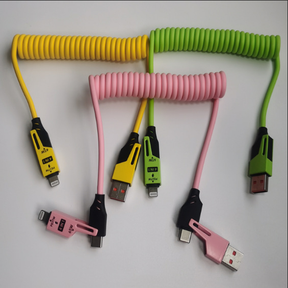 The two-drag two-spring data cable PD65W fast charging cable and the four-in-one car charging cable are suitable for Apple and Huawei Specification drawing