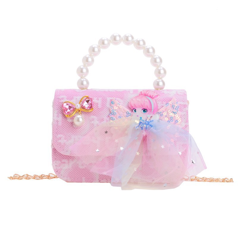 New children's bag, little girl bow pearl single-shoulder crossbody handbag, stylish princess mini coin purse Item Picture