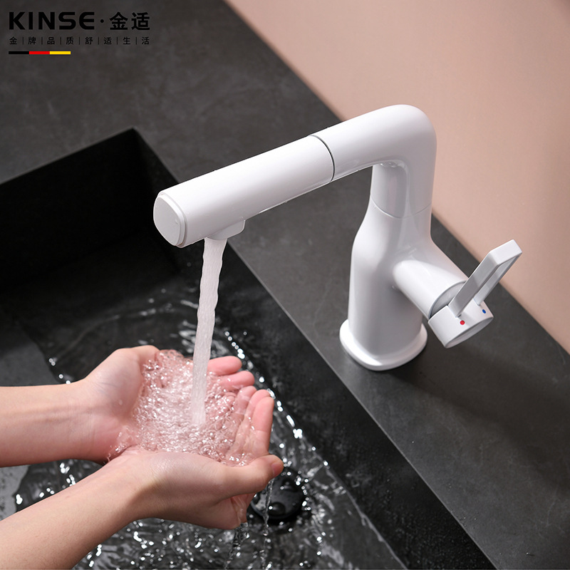 Lift and pull washbasin faucet, bathroom cold and hot pull faucet, white pull and pull dual functions with lift faucet Application Scenario