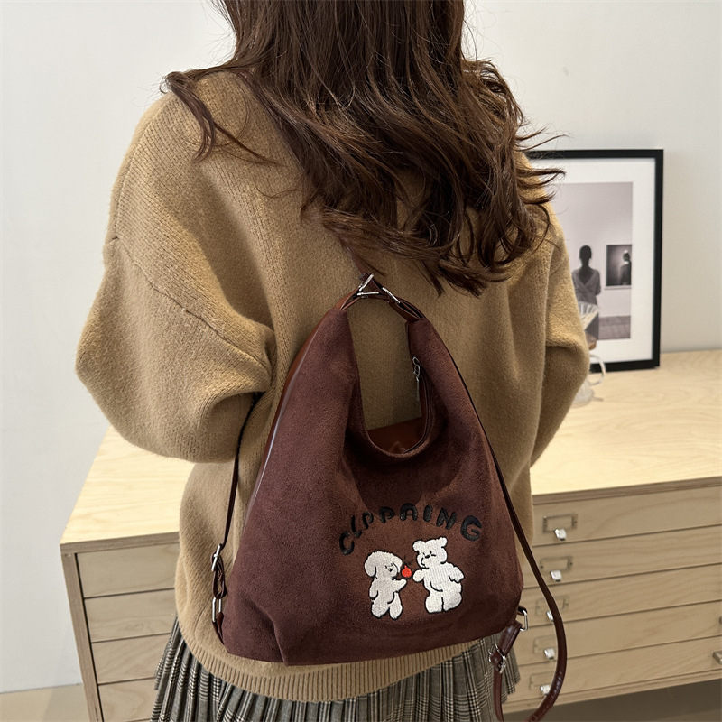 Women's autumn deerskin fleece cartoon backpack 2024 New style trendy retro tote bag Casual large-capacity crossbody bag Specification drawing