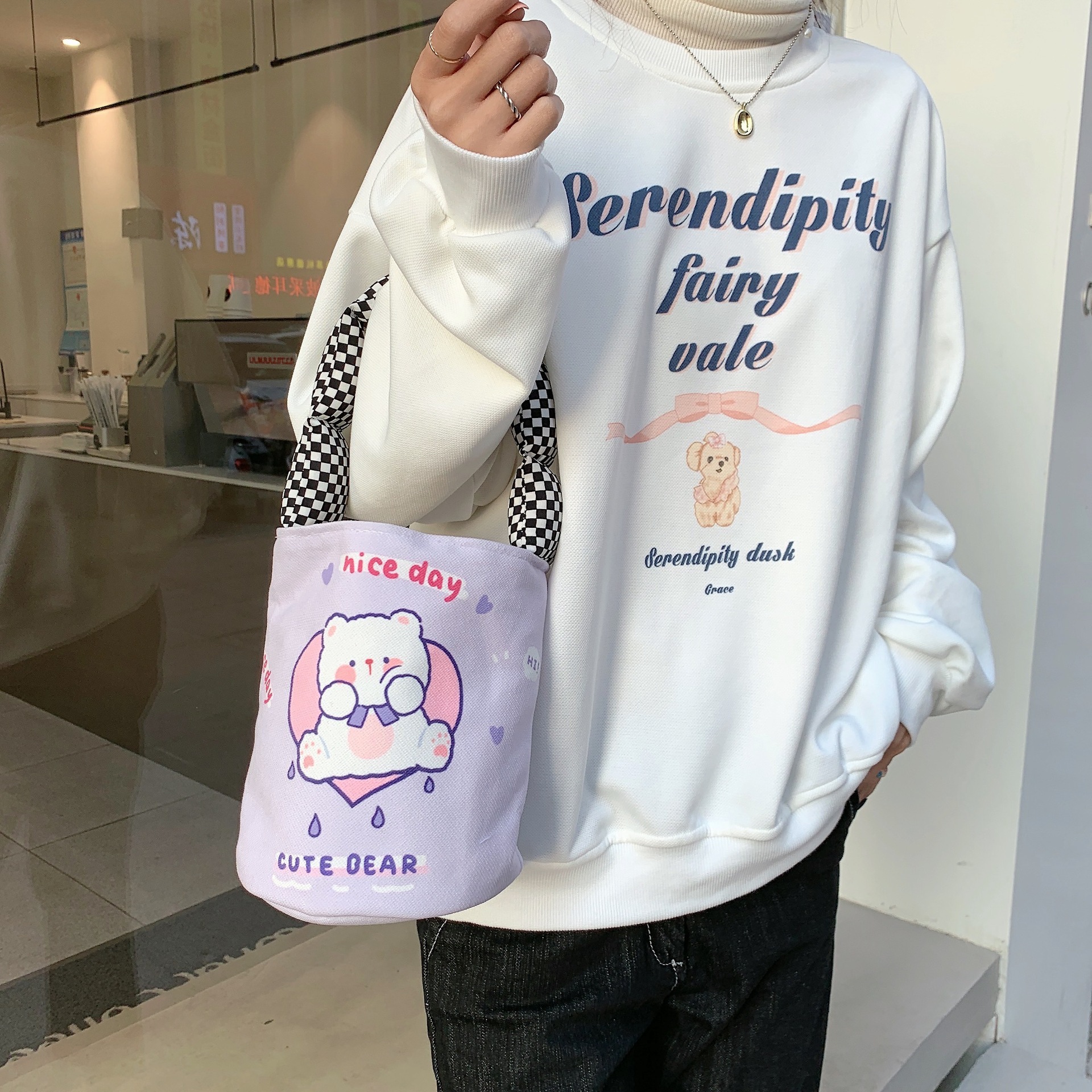 21151 Korean-style ins cotton shoulder strap bucket bag for girls, cute printed student hand-carry bag, portable Specification drawing