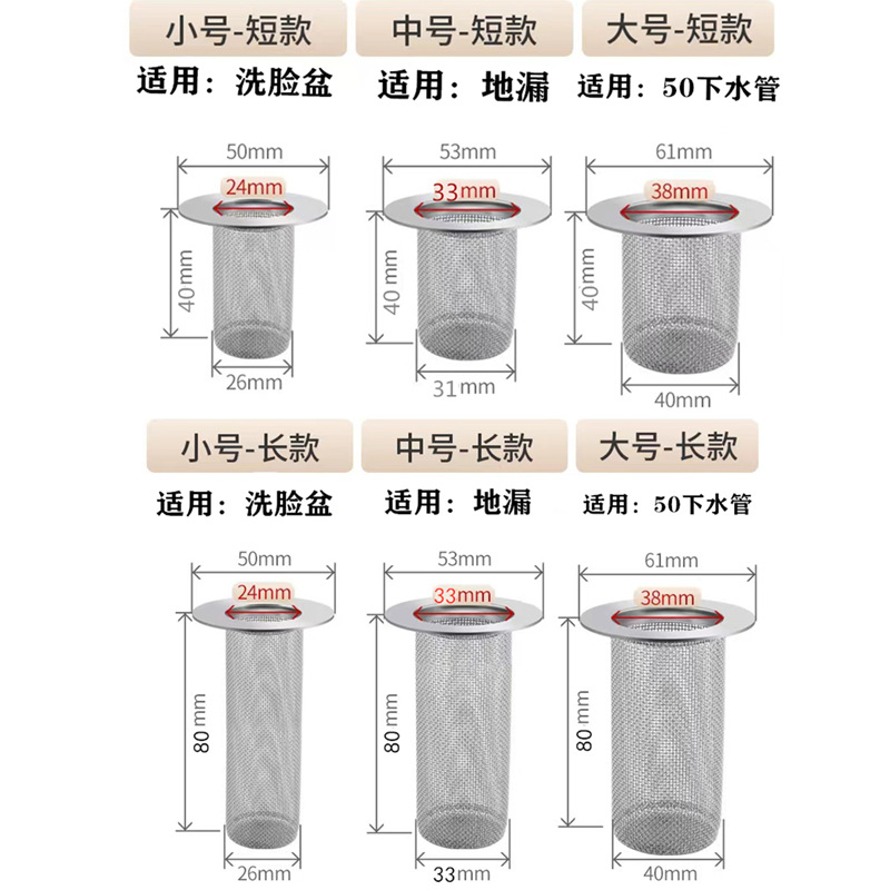 Stainless steel hair filter screen, washbasin, bathroom floor drain, washbasin, toilet sewer pipe anti-clogging wonder Specification drawing