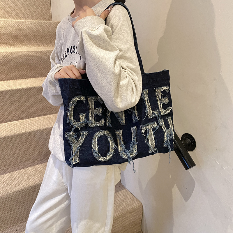 New retro denim bag, women's street casual washed canvas single-shoulder bag, student Korean-style artistic tote bag details Picture