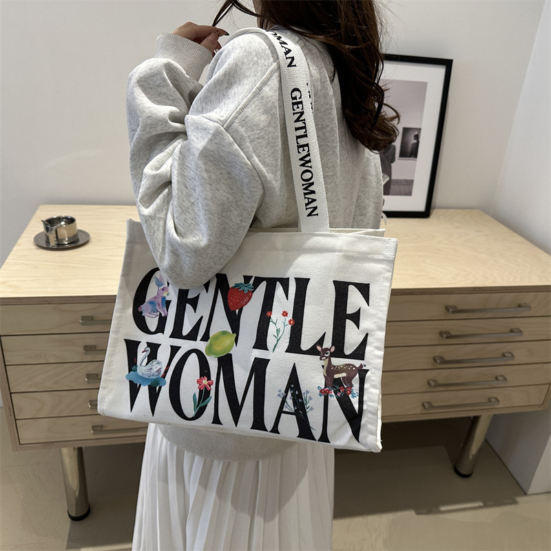 Letter canvas bag for women, large capacity 2024 new commuter bag, versatile tote bag, single-shoulder mommy bag Specification drawing