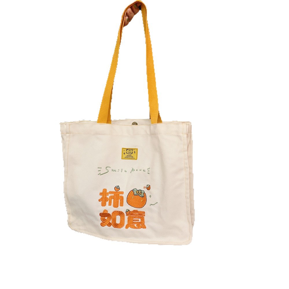 22252 canvas bag for women with embroidery, everything goes well. One-shoulder, laid-back style, artistic, large-capacity student schoolbag for summer Item Picture
