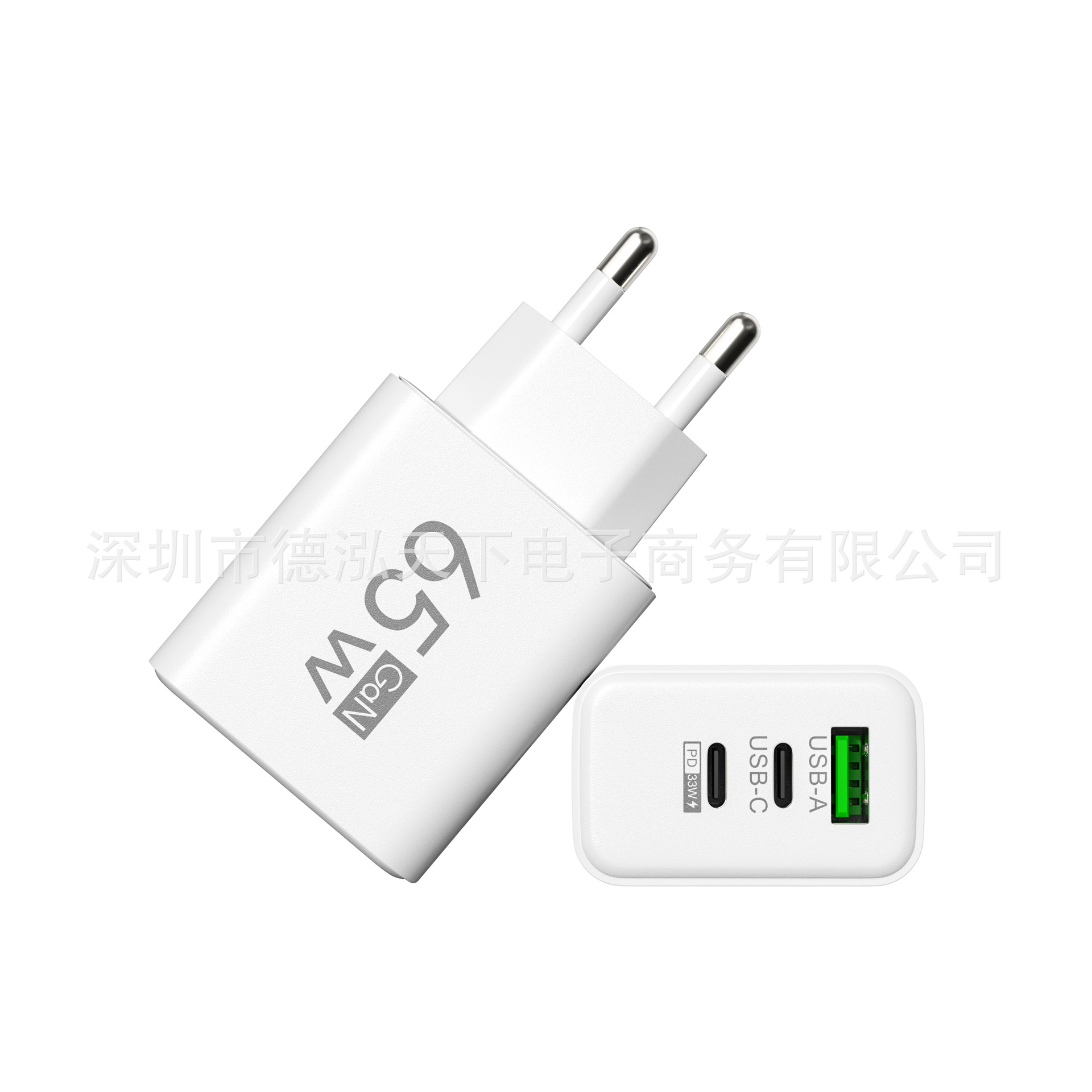 Matte square 1USB+2PD multi-port mobile phone charger, 65W power adapter, 5v2a charging head, European and American standard Specification drawing