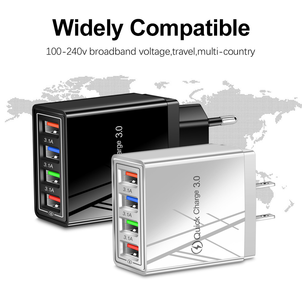 Color 4USB mobile phone charger, 3A tablet travel charger head, US and European standard charger, cross-border wholesale Item Picture