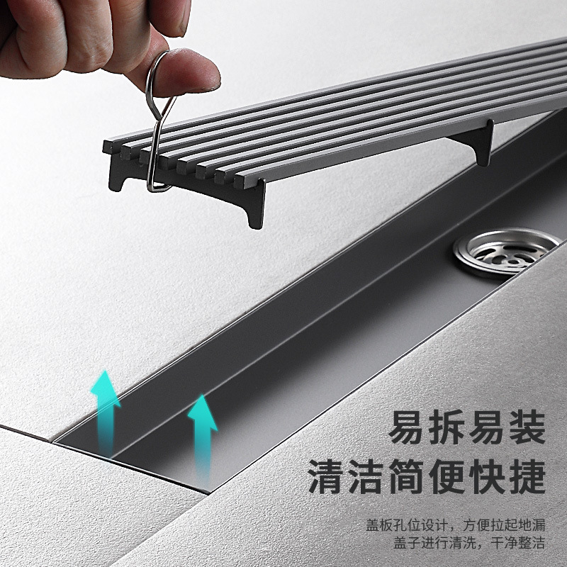 Shower room thickened gun gray 304 stainless steel long floor drain, bathroom anti-odor long strip side drainage large flow floor drain Application Scenario