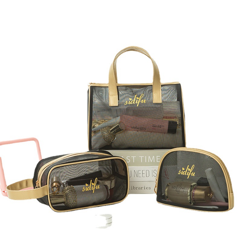 Hot-selling mesh handbag, toiletries, makeup, travel storage bag, transparent bath and swimming bag, mesh breathable three-piece set Item Picture