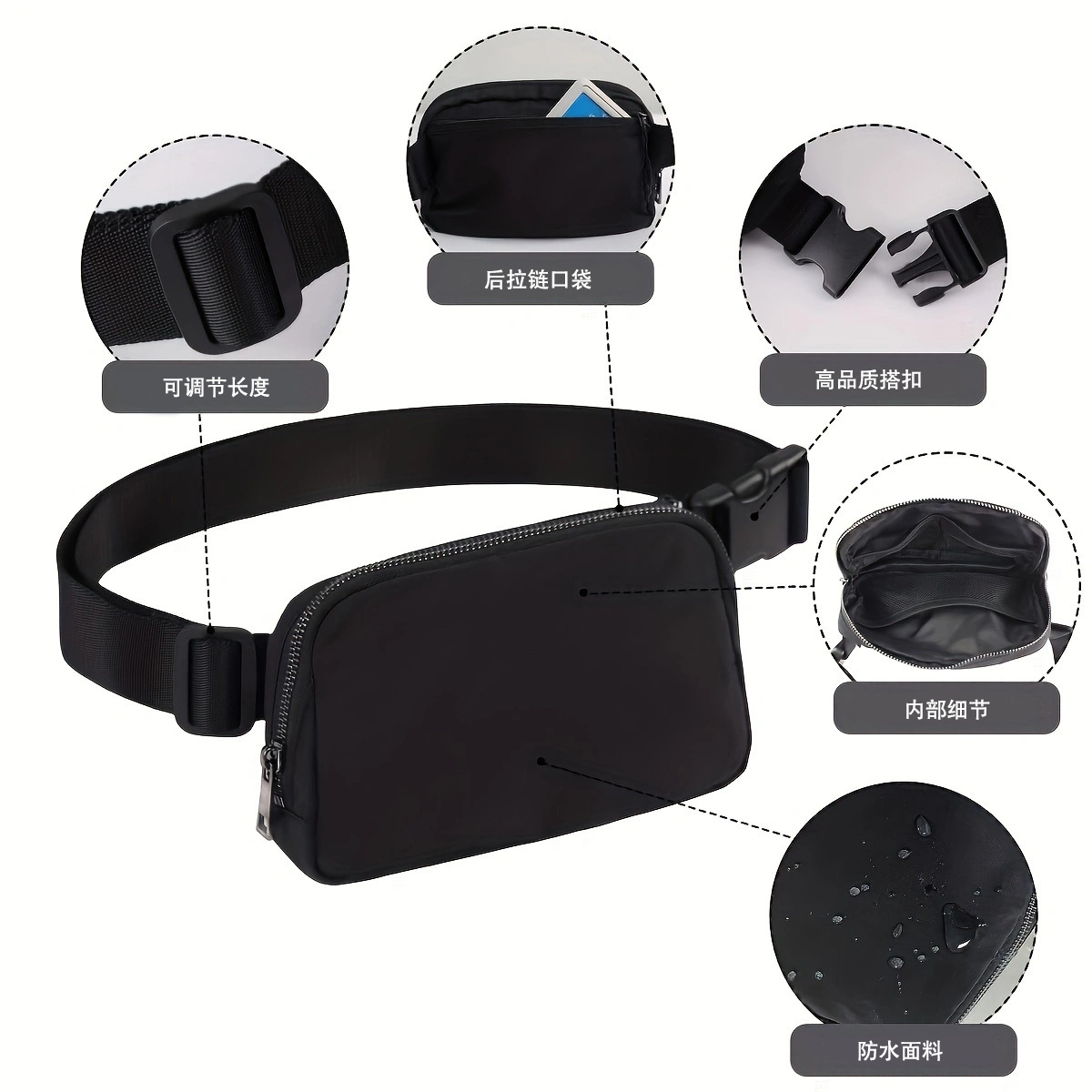The new LULU-style cross-border waist bag, nylon waterproof chest bag, outdoor sports, running, mobile phone bag, versatile, crossbody for both men and women Item Picture