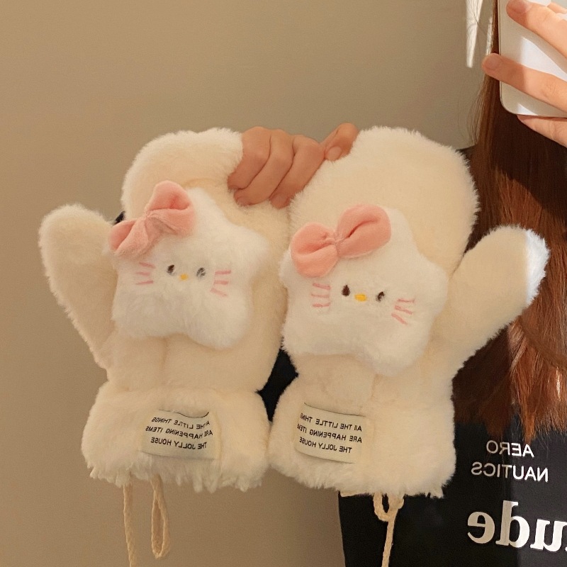 Girlish heart bow cat plush gloves, student cycling warm fleece gloves, winter supplies warm gloves details Picture