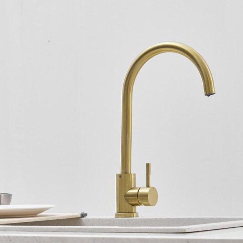 The kitchen hot and cold water faucet is rose gold with a large golden bend. It is a stainless steel household sink and a rotatable sink faucet Specification drawing