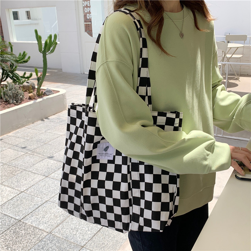 18304 Korean chic style large-capacity canvas bag, simple student single-shoulder bag, contrasting color checkerboard leopard print women's bag full figure