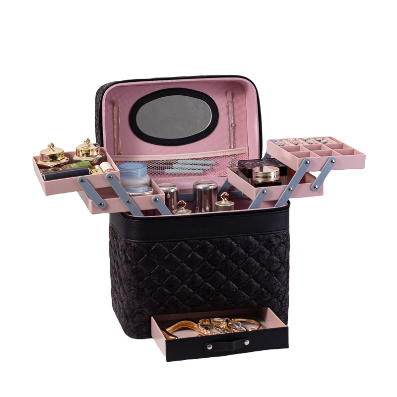 Portable makeup case, large-capacity jewelry and cosmetics multi-compartment storage box, simple and multi-functional hand-held makeup bag Item Picture
