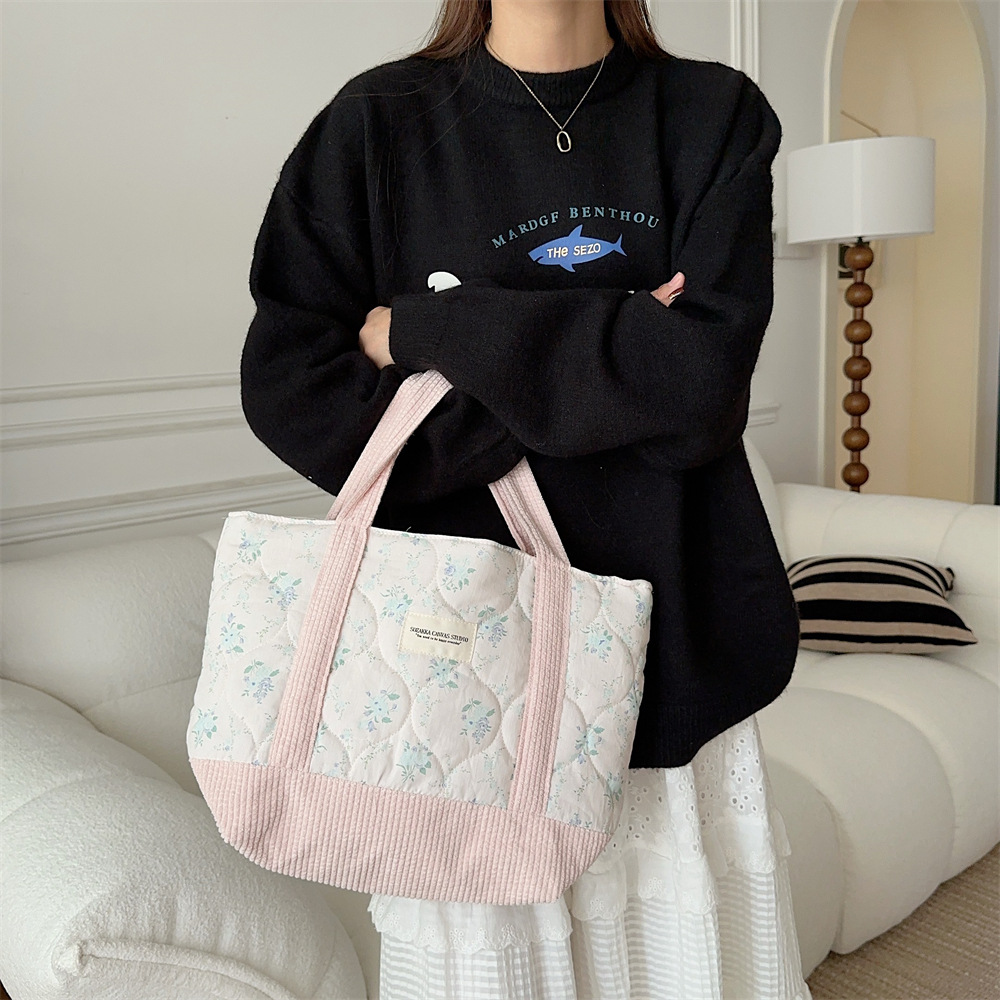 310263 Korean niche canvas bag, floral interlocking cotton casual handbag, commuting storage bag, shopping bag full figure