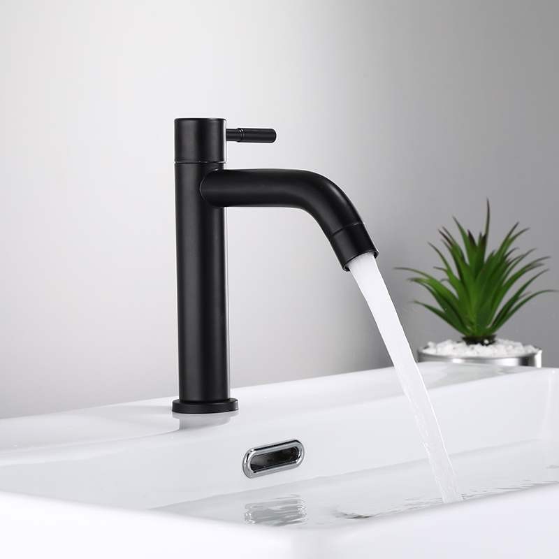 Single cold washbasin faucet, 304 stainless steel, bathroom washbasin, high single-hole top and bottom basin, black faucet details Picture