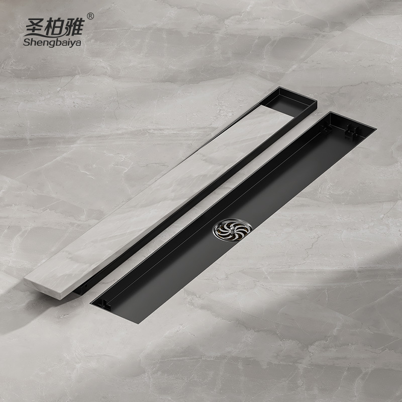 Cross-border black 304 stainless steel invisible rectangular floor drain, bathroom shower room extended floor drain with copper anti-odor core details Picture