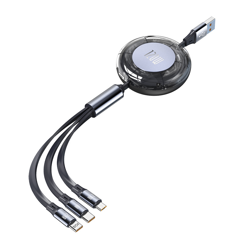 6A telescopic one-to-three data cable, transparent 120W business gift, LOGO laser mobile phone charging cable, hidden stand Item Picture