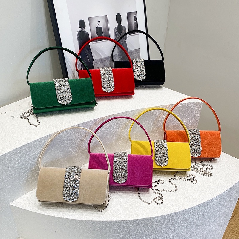 The 2024 new French banquet velvet rhinestone small square bag for women is a fashionable and versatile handbag and a single-shoulder crossbody bag full figure