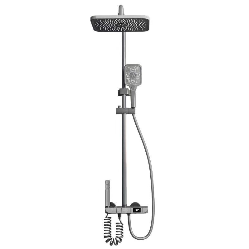 Gun grey shower head set, all-copper household exposed pressure-increasing shower head, constant temperature digital display shower head Item Picture