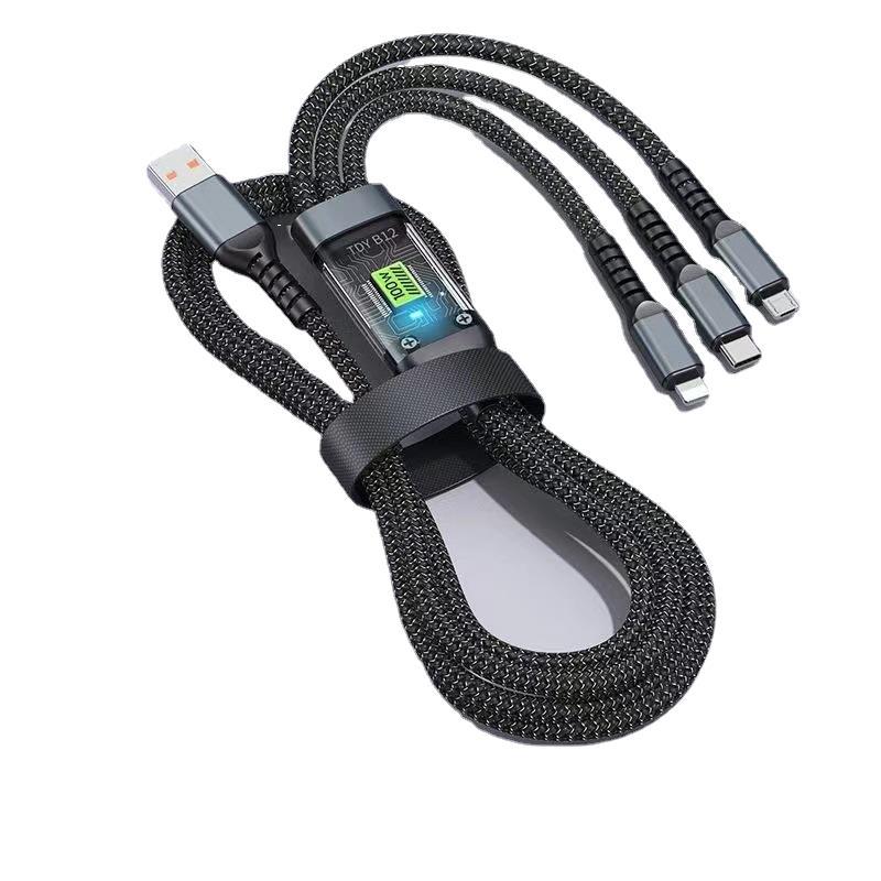 100W transparent lamp three-in-one data cable with 6A fast charging, suitable for Android, Huawei and Apple one-to-three charging cables details Picture
