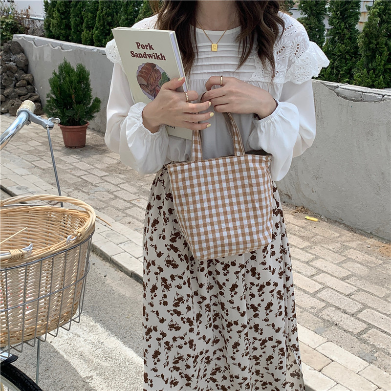 17163 Fresh Double-sided checkered Bag, dual-purpose Canvas Bag, Handbag, female student Mommy Hand-held Bento Bag wholesale full figure