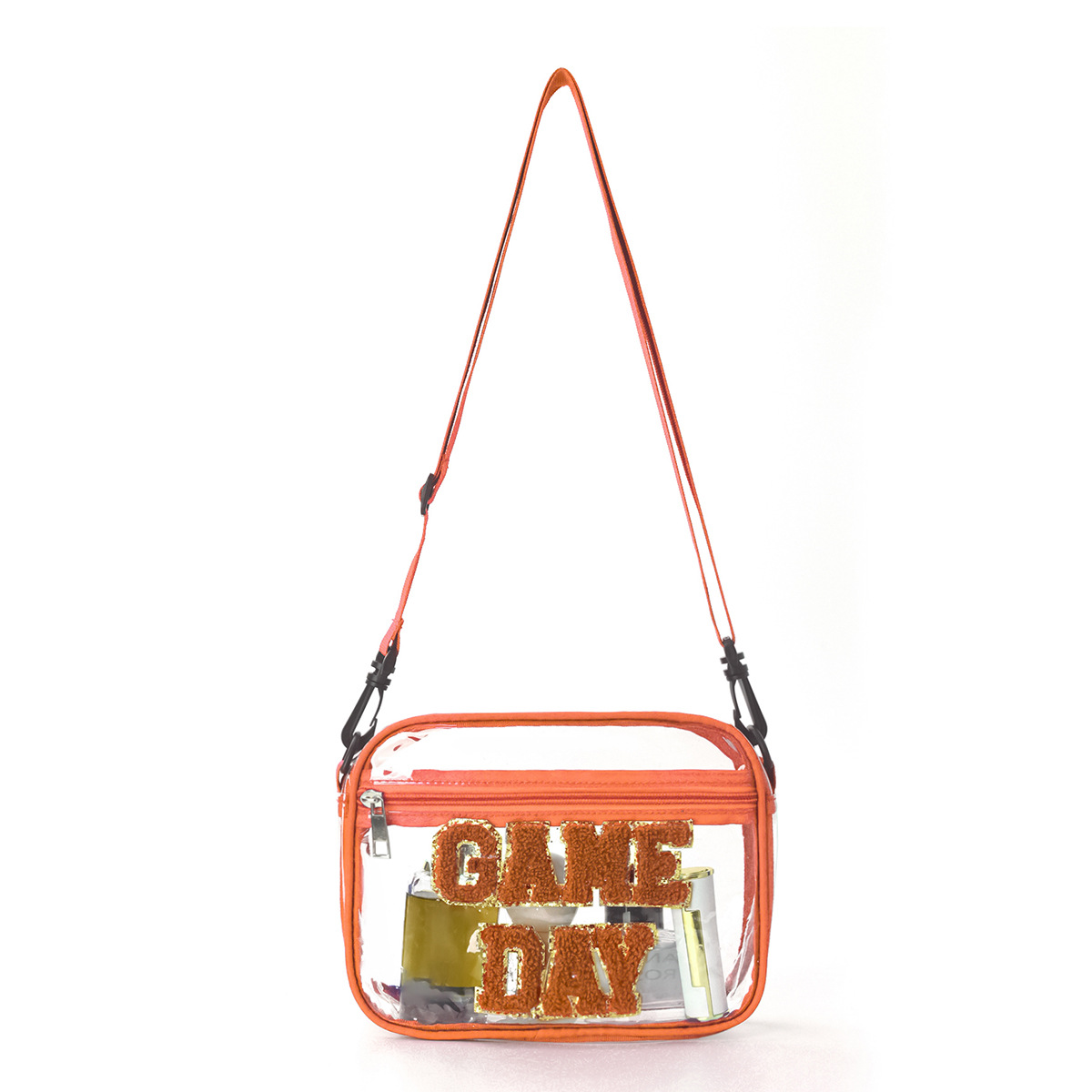 Cross-border embroidered letter crossbody bag, transparent PVC single-shoulder small square bag, travel portable cosmetics and toiletries storage bag Item Picture