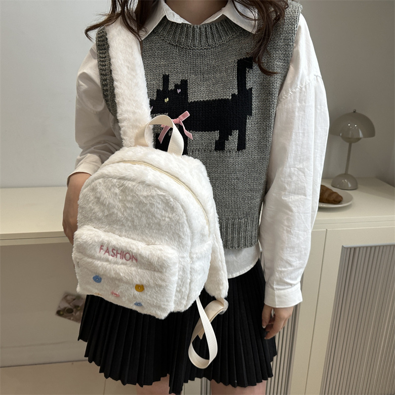 The 2024 new niche design white plush backpack is a cute and mini daily commuting fashion crossbody bag for ladies details Picture