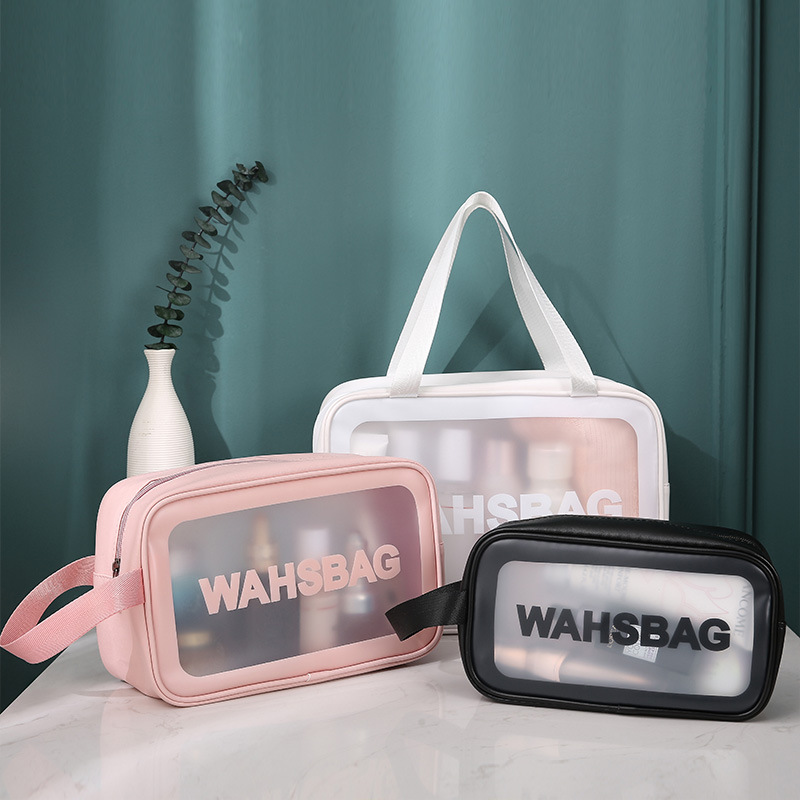 Transparent cosmetic bag, pvc toiletry bag, three-piece set, semi-transparent pu matte bath and swimming storage bag, large capacity for women details Picture