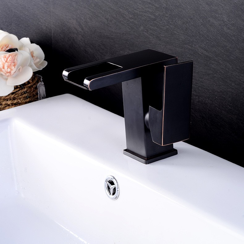 Black and gold faucet, bathroom cabinet, hand washing basin, waterfall, cold and hot LED temperature sensing, color change and light emission undefined