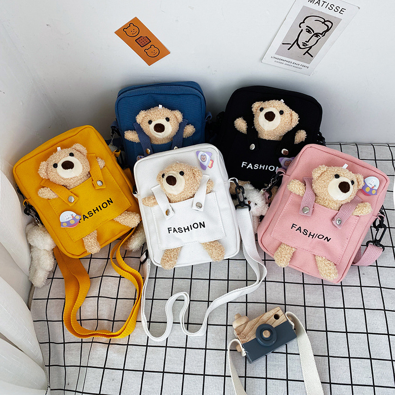 Japanese-style Instagram cute canvas bear bag for women's crossbody, 2021 new personalized Harajuku student single-shoulder phone bag full figure
