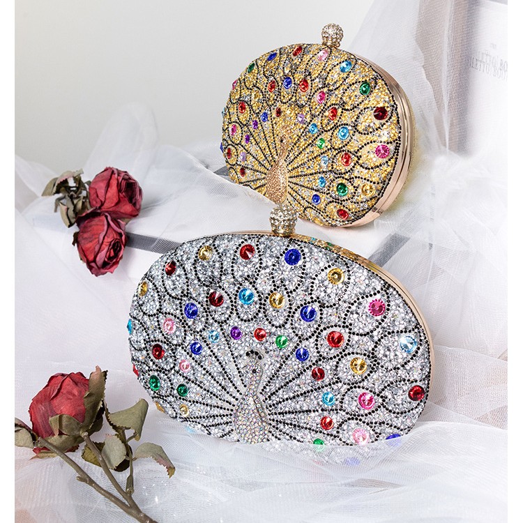 New peacock diamond-encrusted evening bag, cross-border European and American retro style pair bag, black high-end evening dress bag details Picture