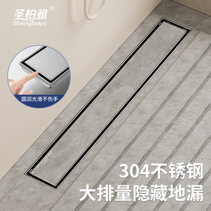 Bright 304 stainless steel hidden long floor drain project, hotel shower room long strip anti-odor invisible floor drain, cross-border full figure