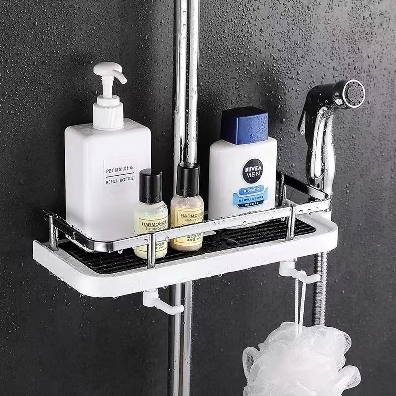 Bathroom showerhead storage rack, no need for drilling, adjustable showerhead rod tray with hook, multi-functional bathroom storage rack Application Scenario