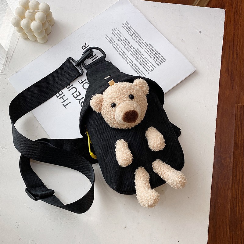 2024 New trendy and cute little bag, bear canvas waist bag, women's trendy single-shoulder cartoon ins crossbody bag Specification drawing