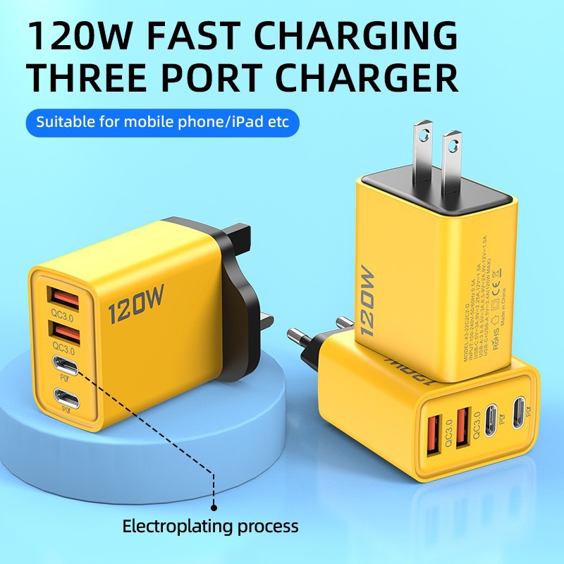 Cross-border 120W charger with dual PD+ dual Type-c mobile phone charging heads, multi-port charger for European, American and British standards Application Scenario