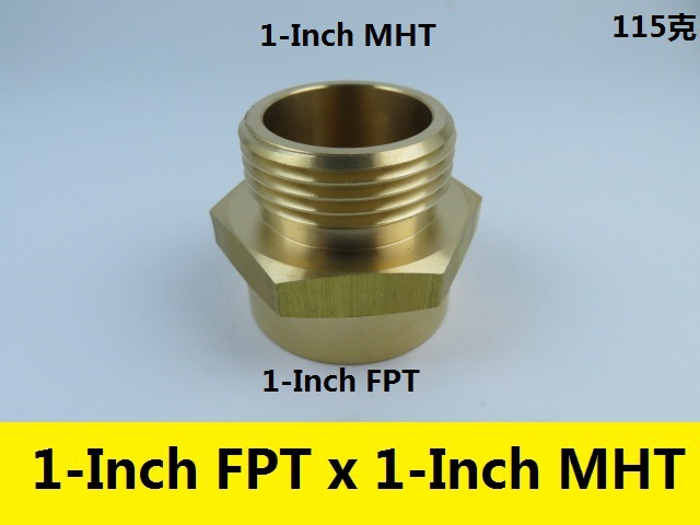 Brass garden hose adapter 1-Inch FHT by 3/4-Inch MHT connector male and female threads details Picture