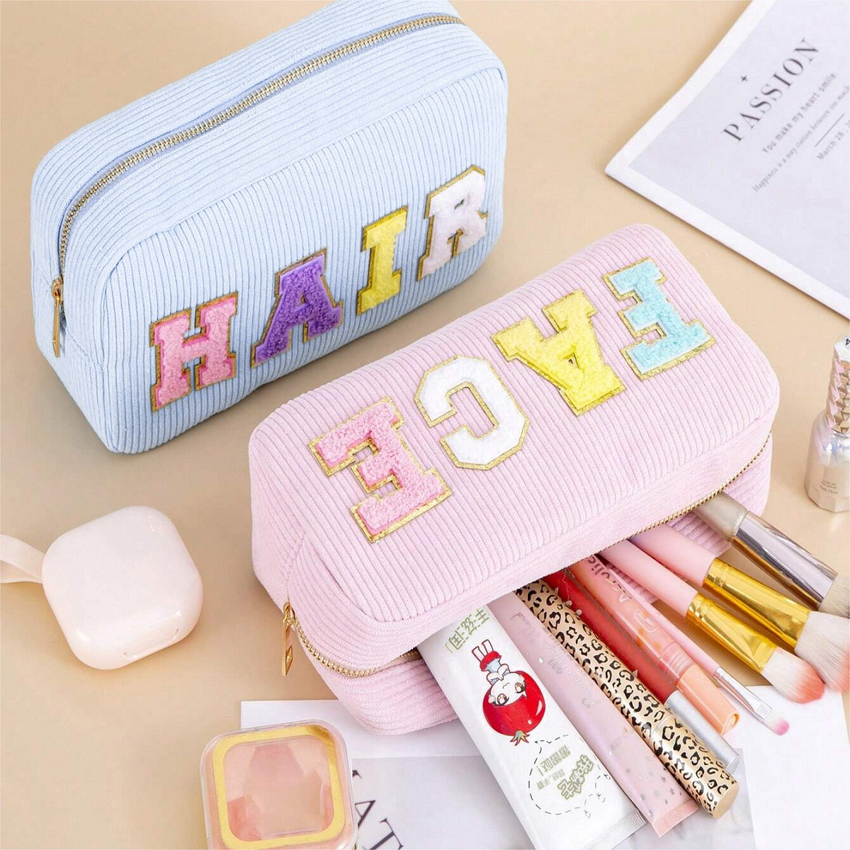 Cross-border corduroy makeup bag with lettered embroidery, fashionable and casual ladies' toiletry bag, travel portable makeup storage bag details Picture