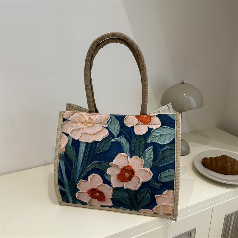 Large-capacity linen commuter bag, 2024 new single-shoulder tote bag, ethnic style student hand-held class handbag full figure