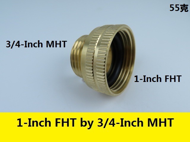 Brass garden hose adapter 1-Inch FHT by 3/4-Inch MHT connector male and female threads Specification drawing