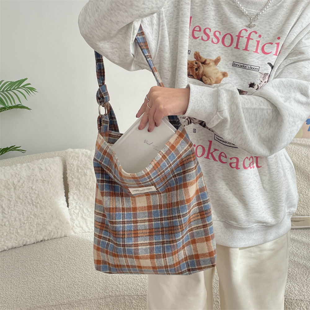 41171 New tweed canvas bag for women, 2024 Check pattern, large capacity, college student class bag, single-shoulder crossbody bag Specification drawing
