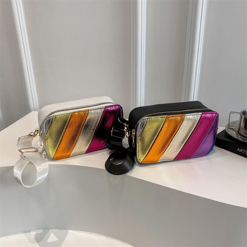 Twill Rainbow 2025 color-blocking Korean style fashion patchwork, stylish Twill striped single-shoulder crossbody small square bag for women Application Scenario